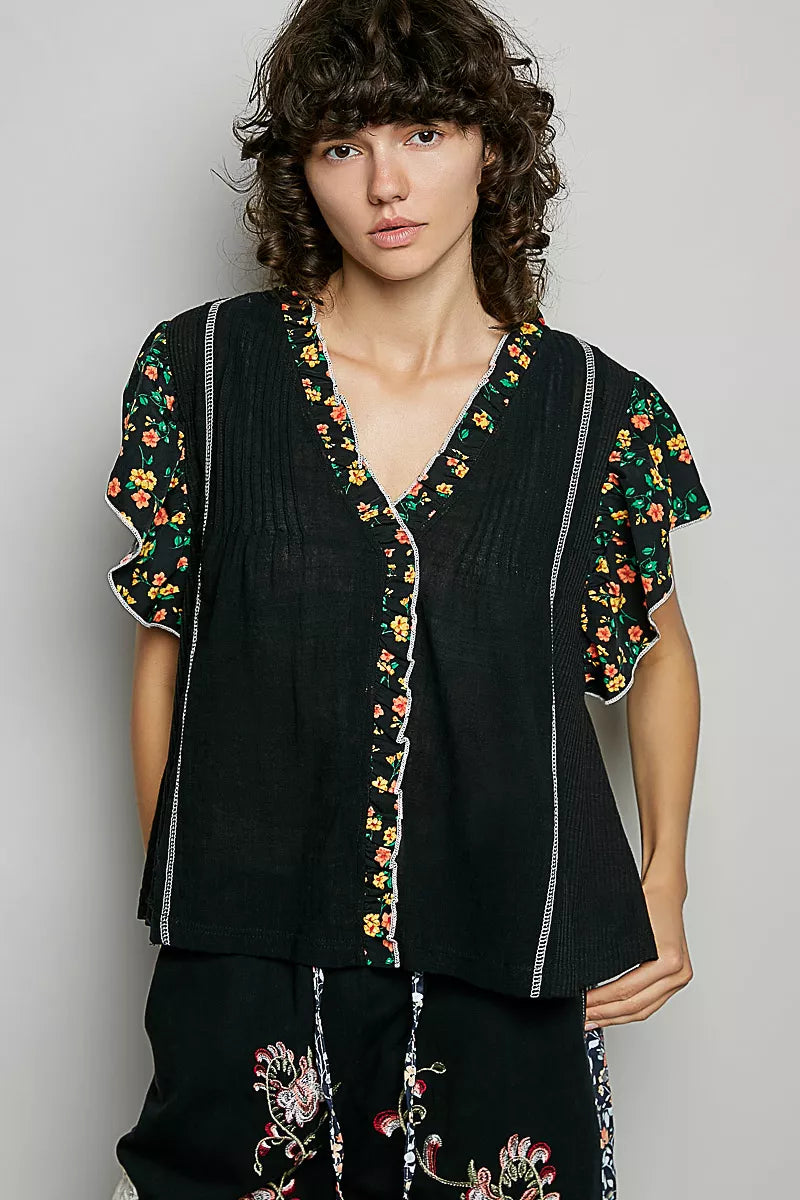 POL V-Neck Floral Ruffle Sleeve Blouse-1