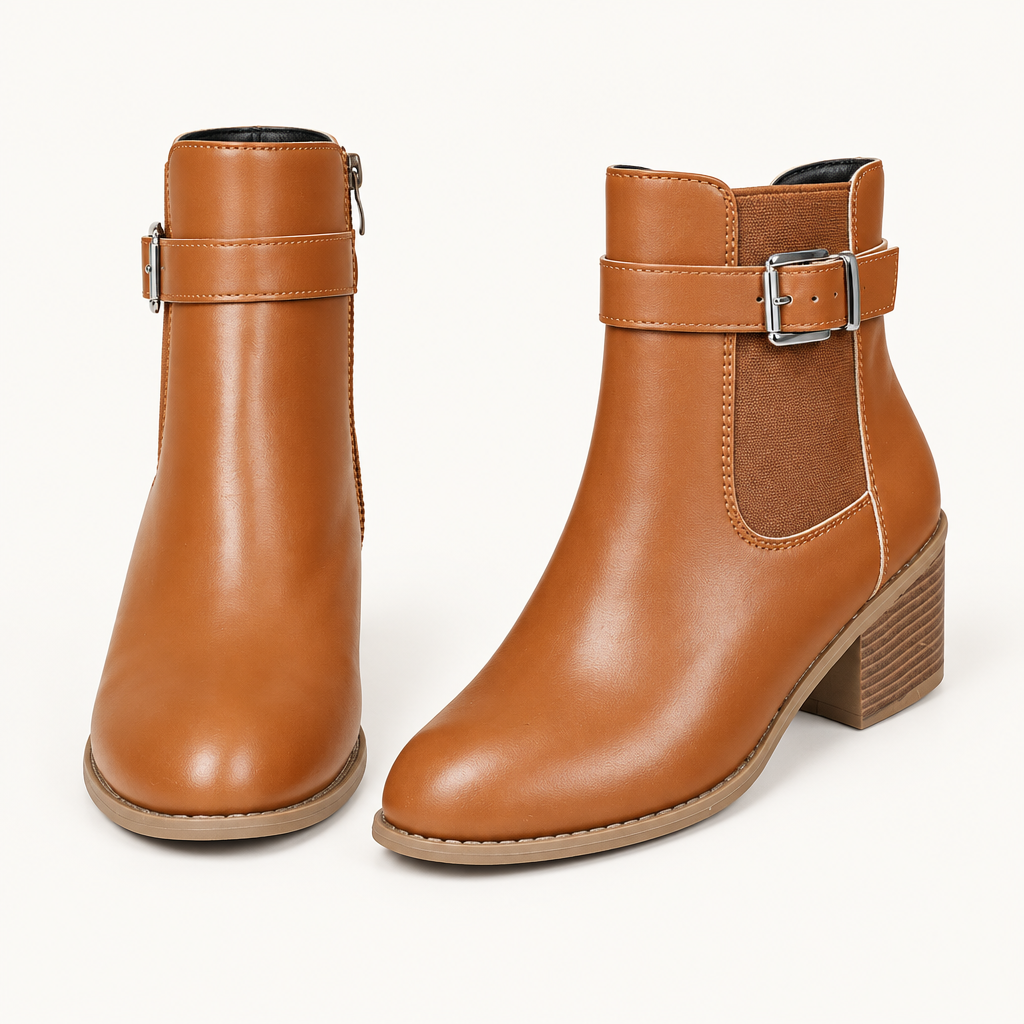 Buckle-Strap Pointed-Toe Ankle Boots