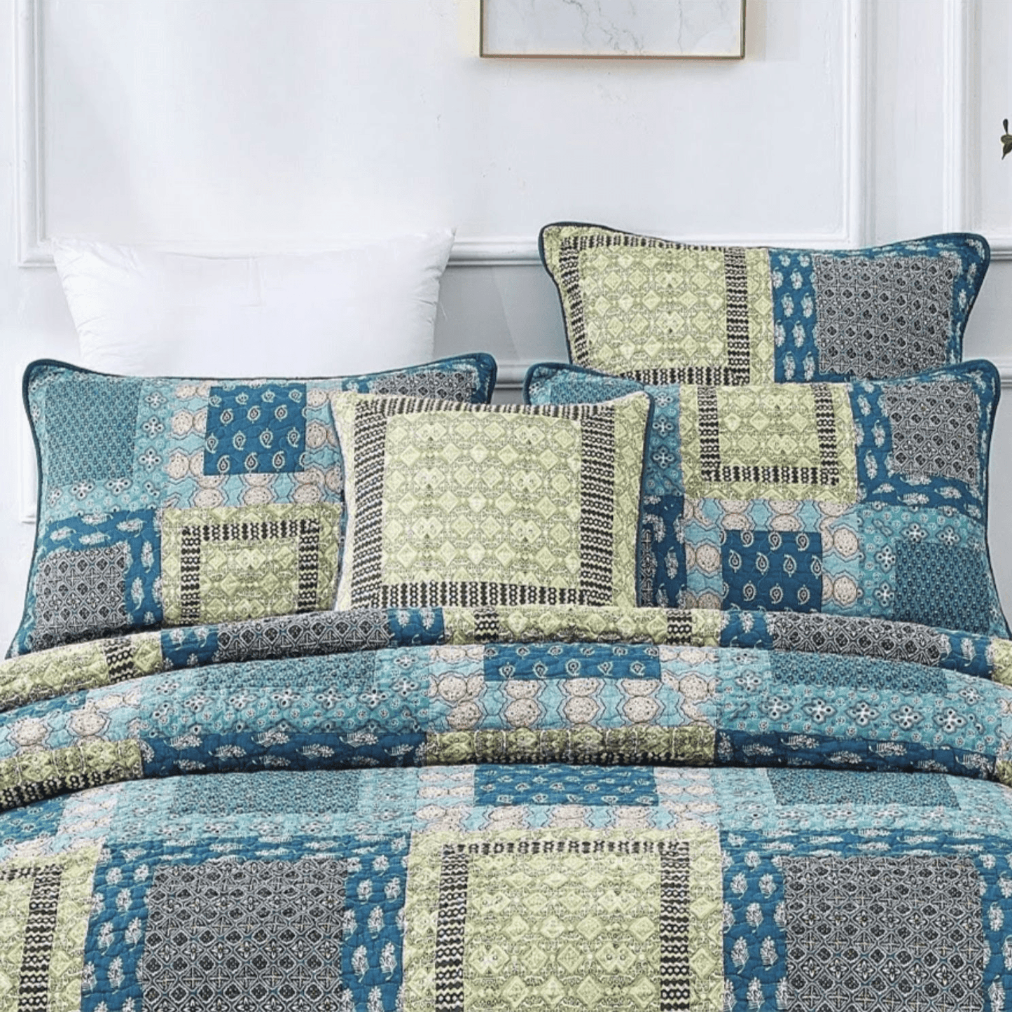 Tache Cotton Patchwork Teal Blue Green Paisley Bohemian Ocean Pillow Sham (JHW-888)-2