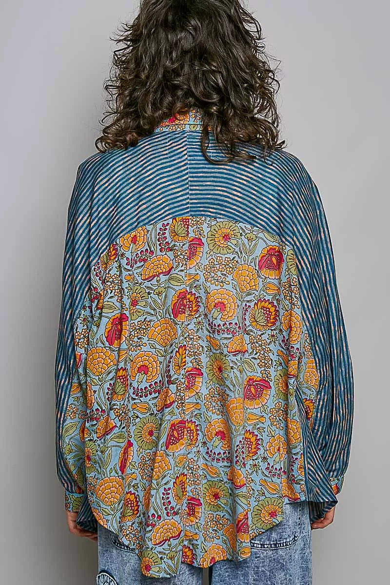 Patchwork Mixed Textured Paisley Floral Stripe Long Sleeve Shirt-2