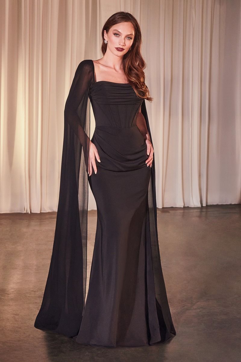 Sheath Long Evening Chiffon Gown w/ Regal Cape Sleeve & Lace Up Back CDCD356