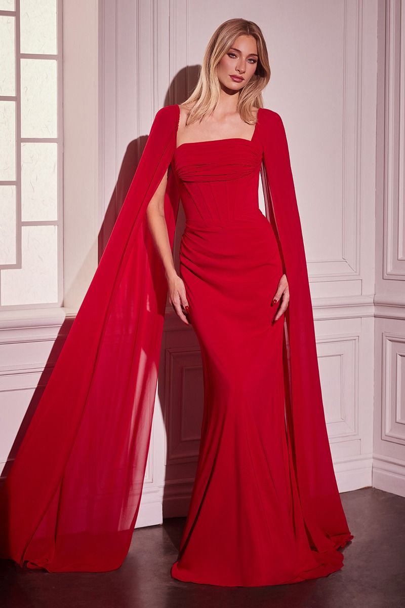 Sheath Long Evening Chiffon Gown w/ Regal Cape Sleeve & Lace Up Back CDCD356