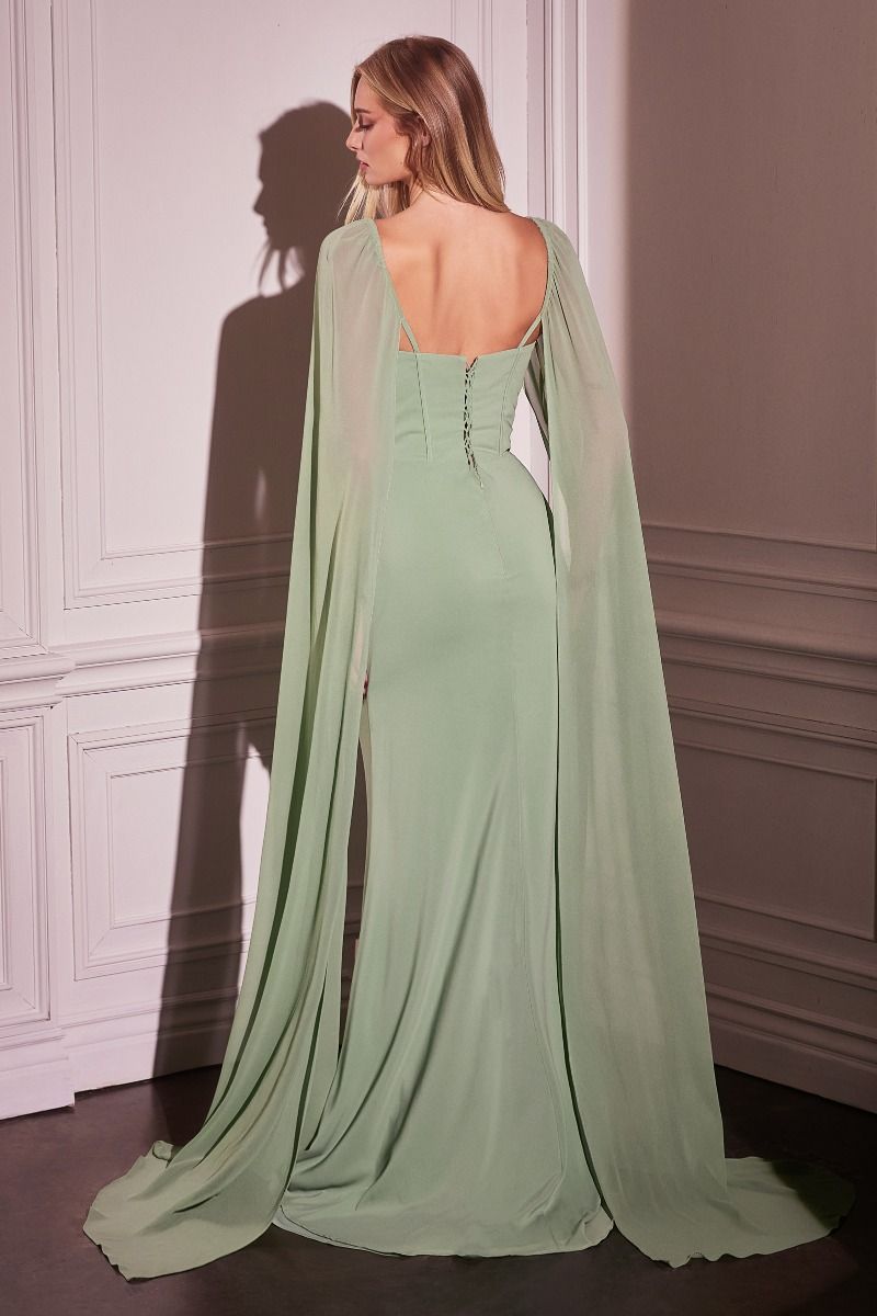 Sheath Long Evening Chiffon Gown w/ Regal Cape Sleeve & Lace Up Back CDCD356