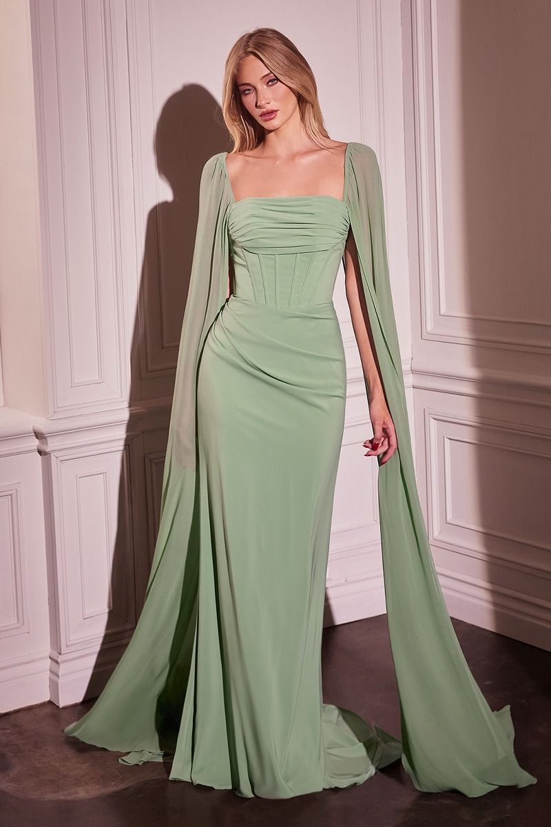 Sheath Long Evening Chiffon Gown w/ Regal Cape Sleeve & Lace Up Back CDCD356