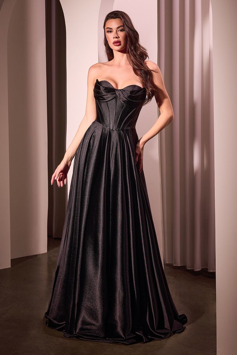 Strapless Satin Corset A-Line Gown with High Slit – Black, Dusty Blue & Greenery