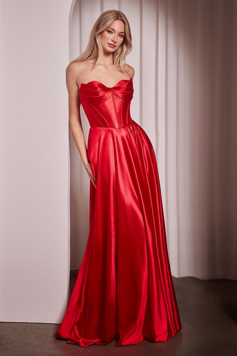 Strapless Satin Corset A-Line Gown with High Slit – Black, Dusty Blue & Greenery