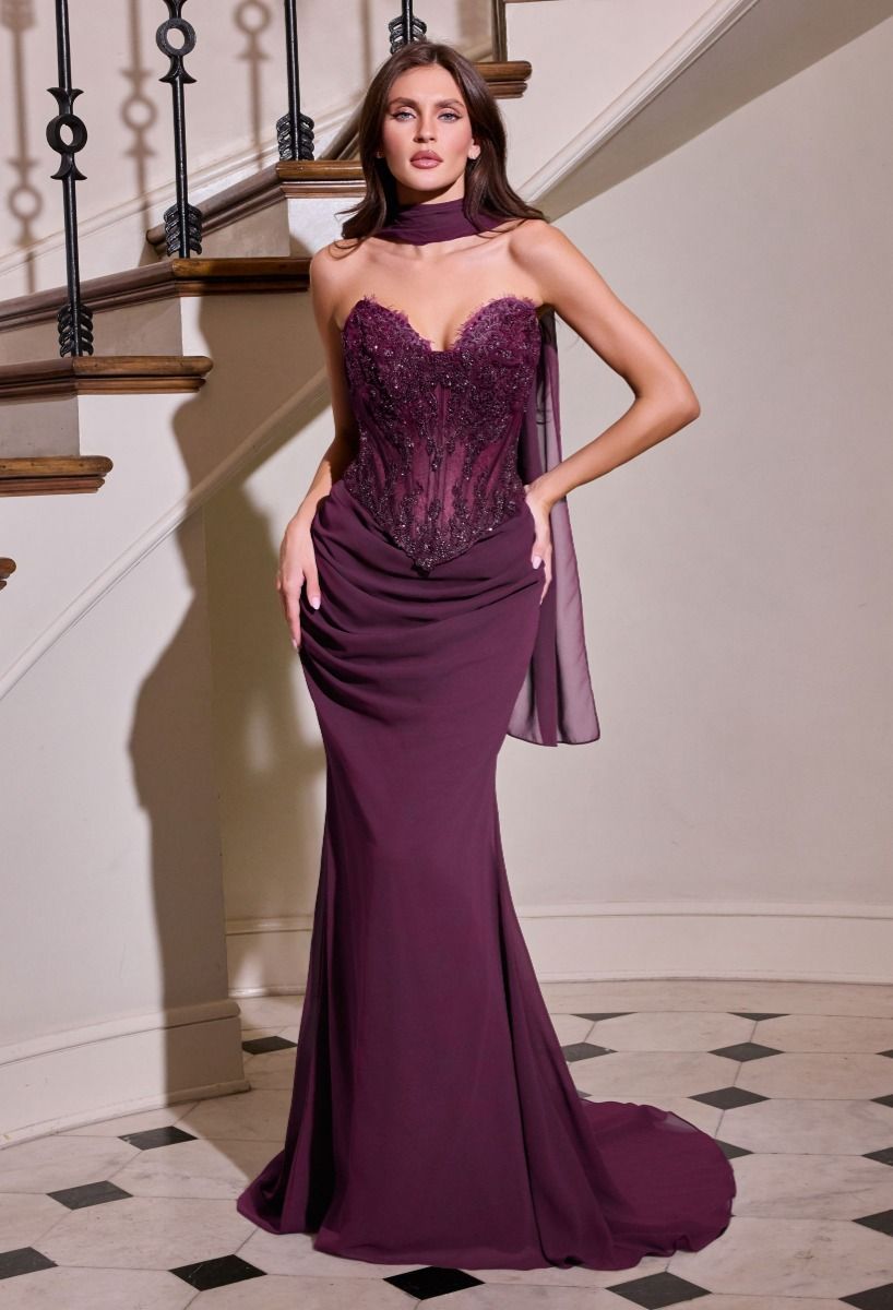 Strapless Rhinestones Embellished Festive Gown w/ Basque Waistline & Mermaid Cut CDCD683