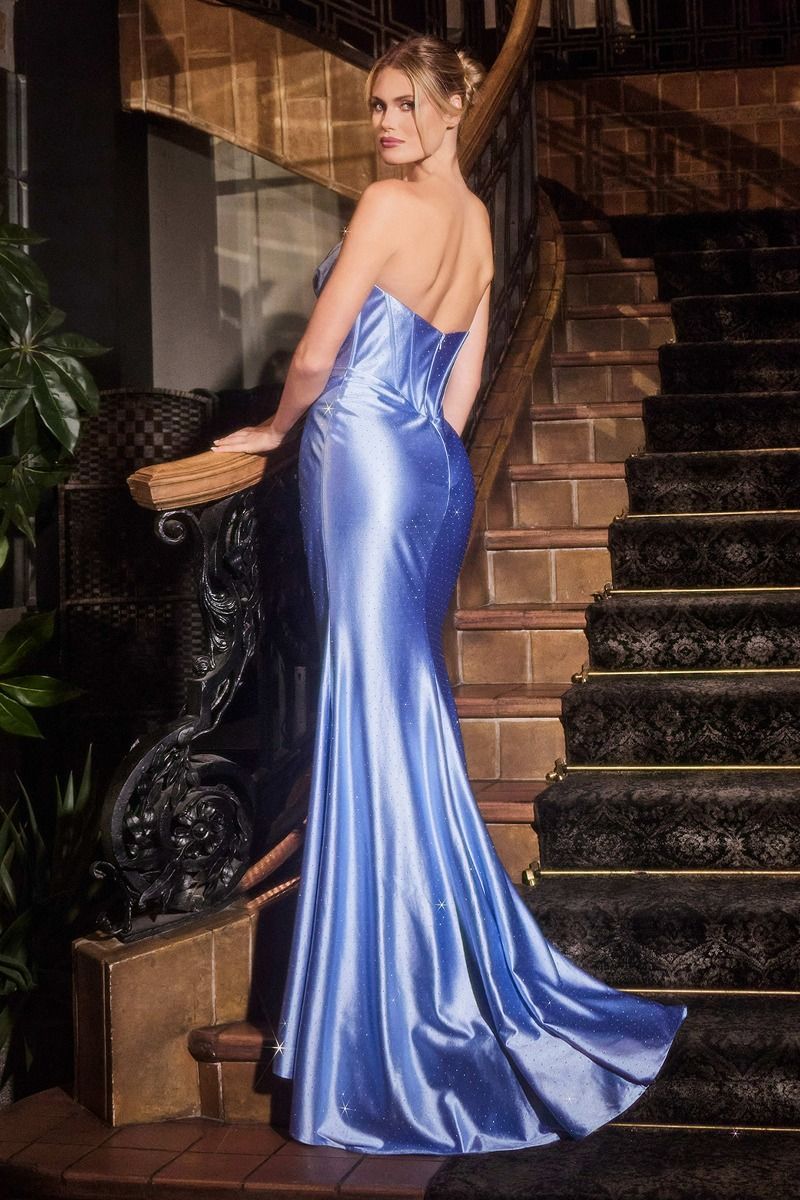 Satin Corset Gown with Rhinestone Trim & Thigh-High Slit CDS529