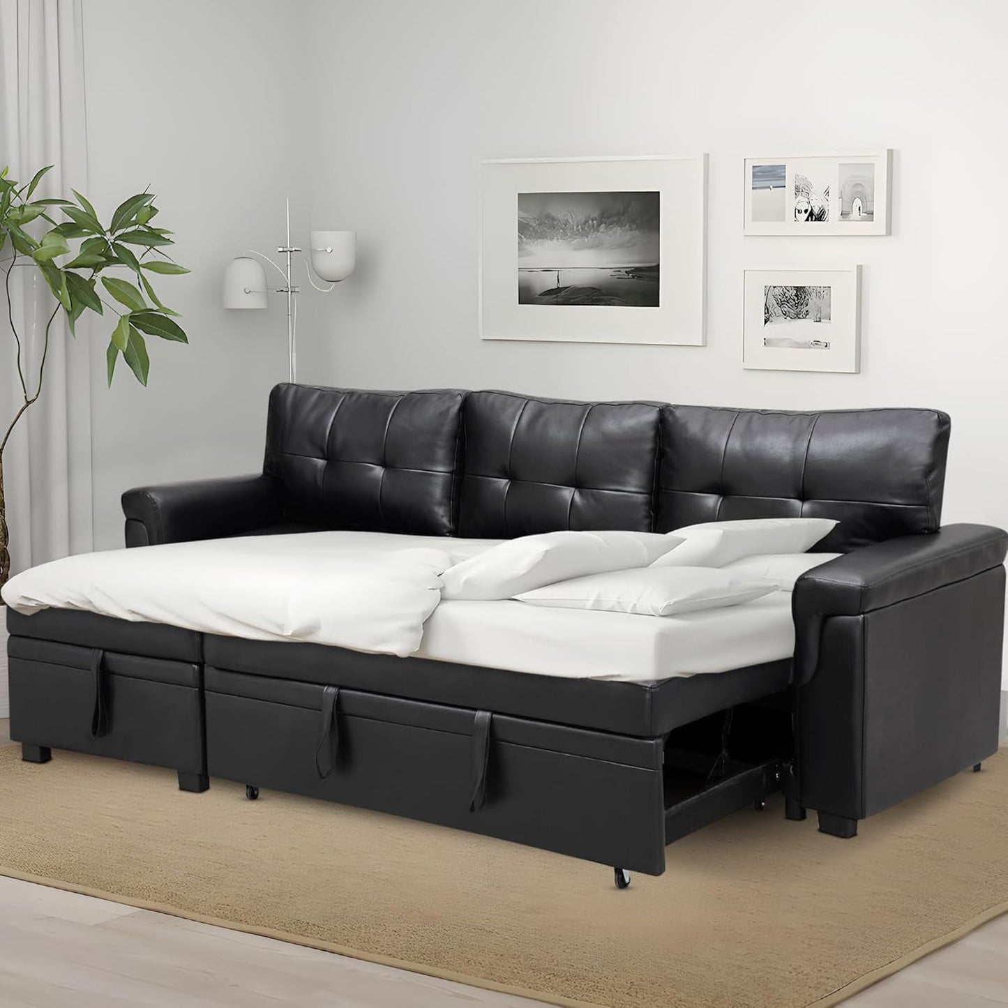 Sleeper Sectional Sofa Black Leather With Convertible Bed-1