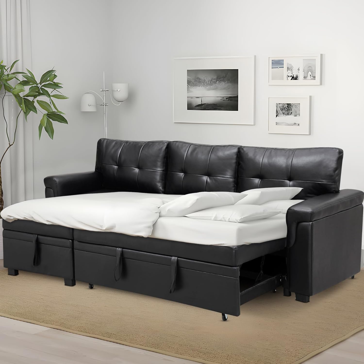 Sleeper Sectional Sofa Black Leather With Convertible Bed-1