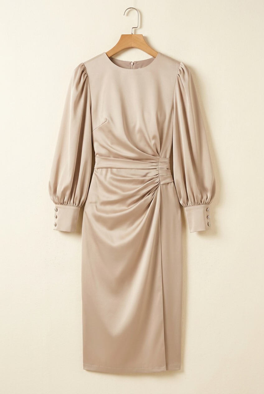 Champagne Glow Ruched Satin Midi Dress