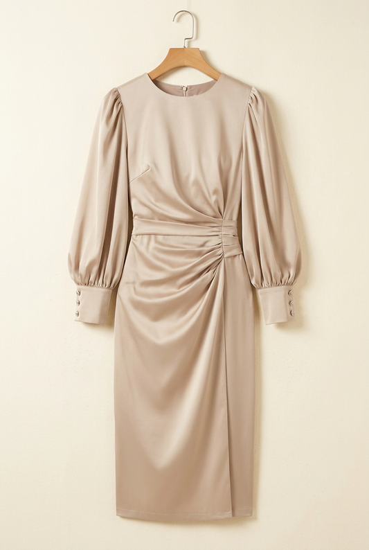 Champagne Glow Ruched Satin Midi Dress