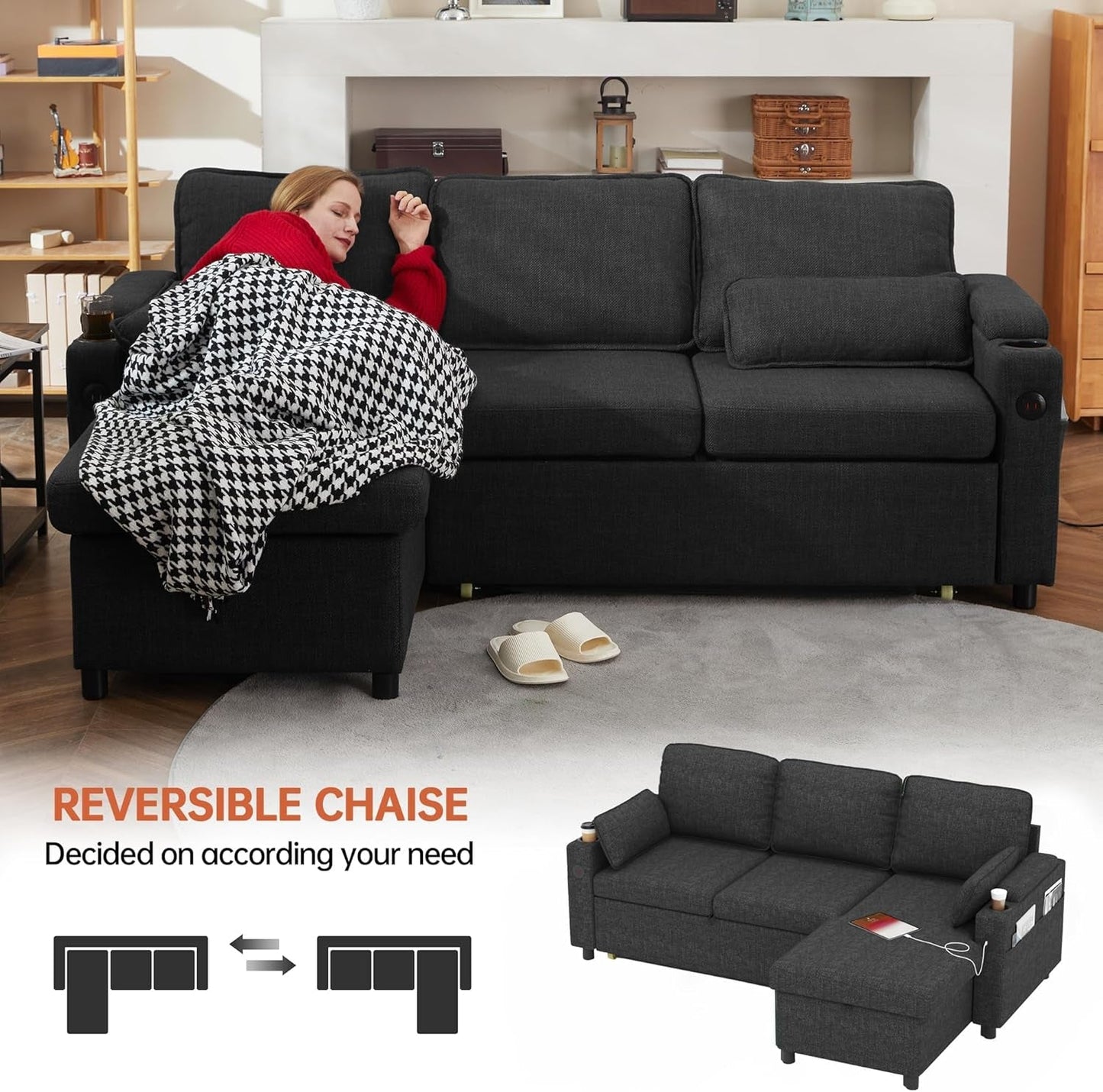 Convertible L-Shaped Sofa Bed with Storage and USB-4