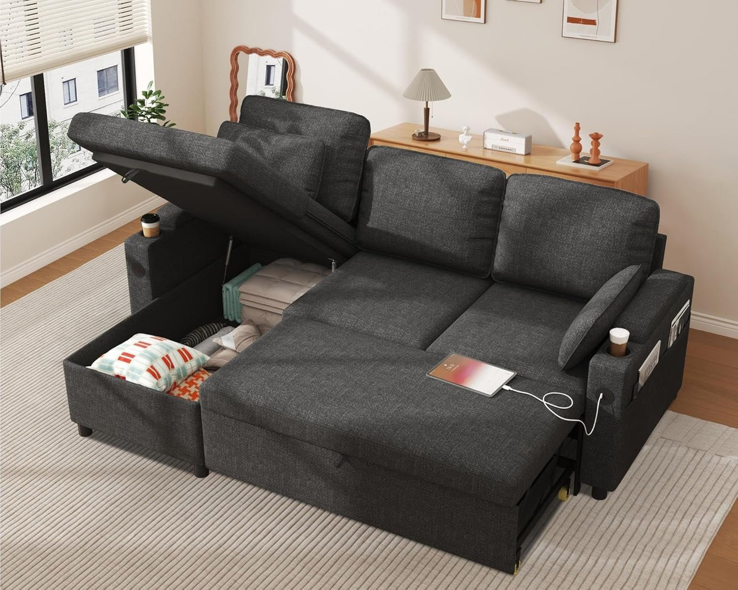 Convertible L-Shaped Sofa Bed with Storage and USB-0