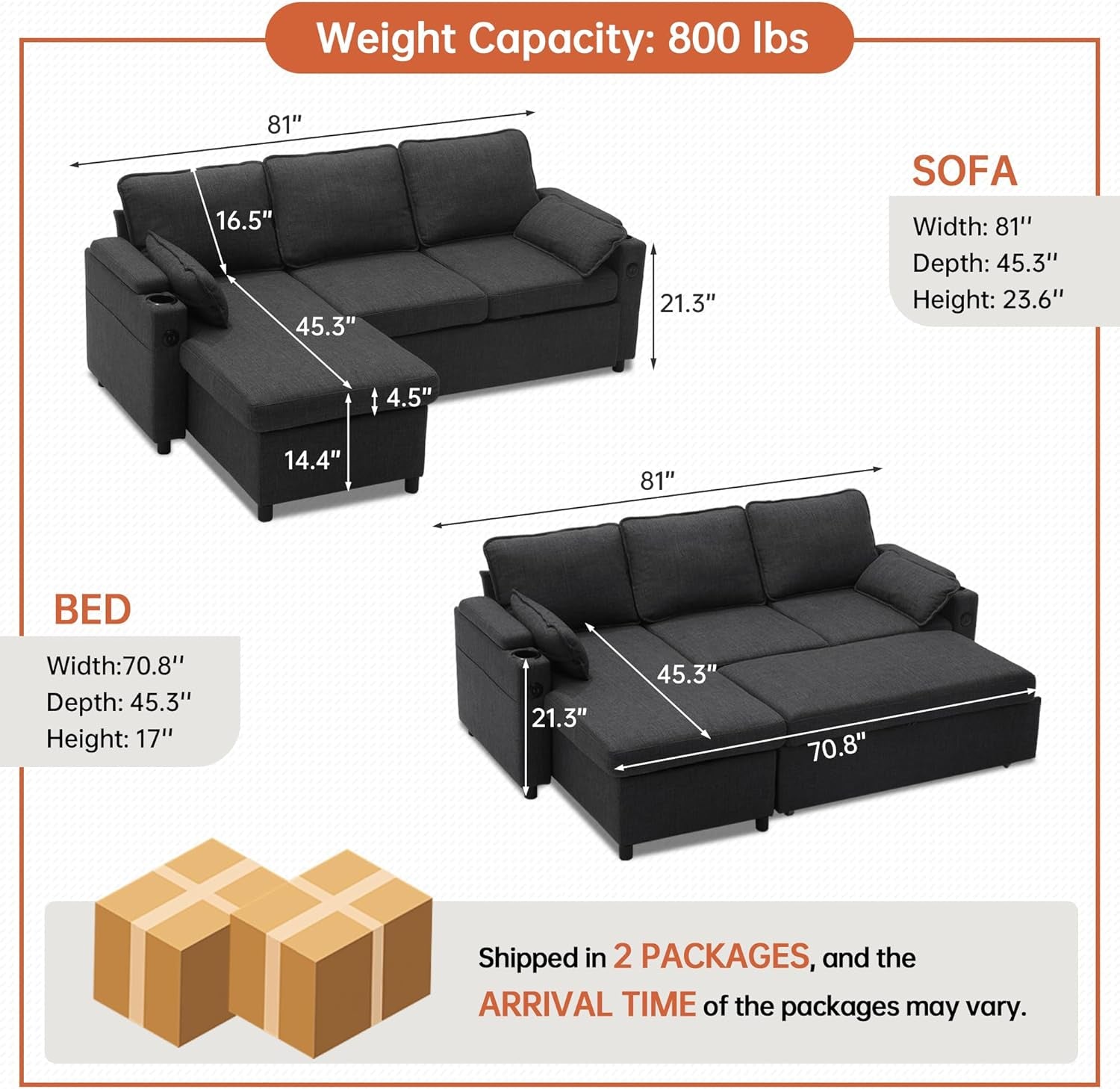 Convertible L-Shaped Sofa Bed with Storage and USB-1