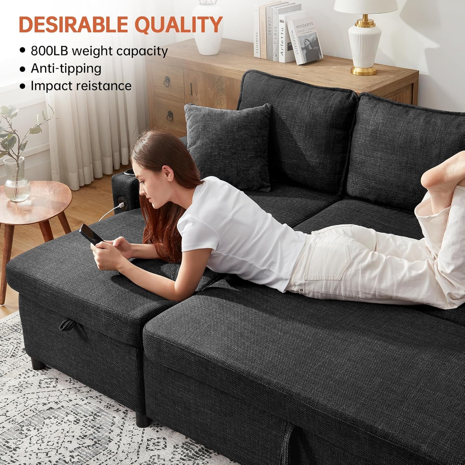 Convertible L-Shaped Sofa Bed with Storage and USB-2