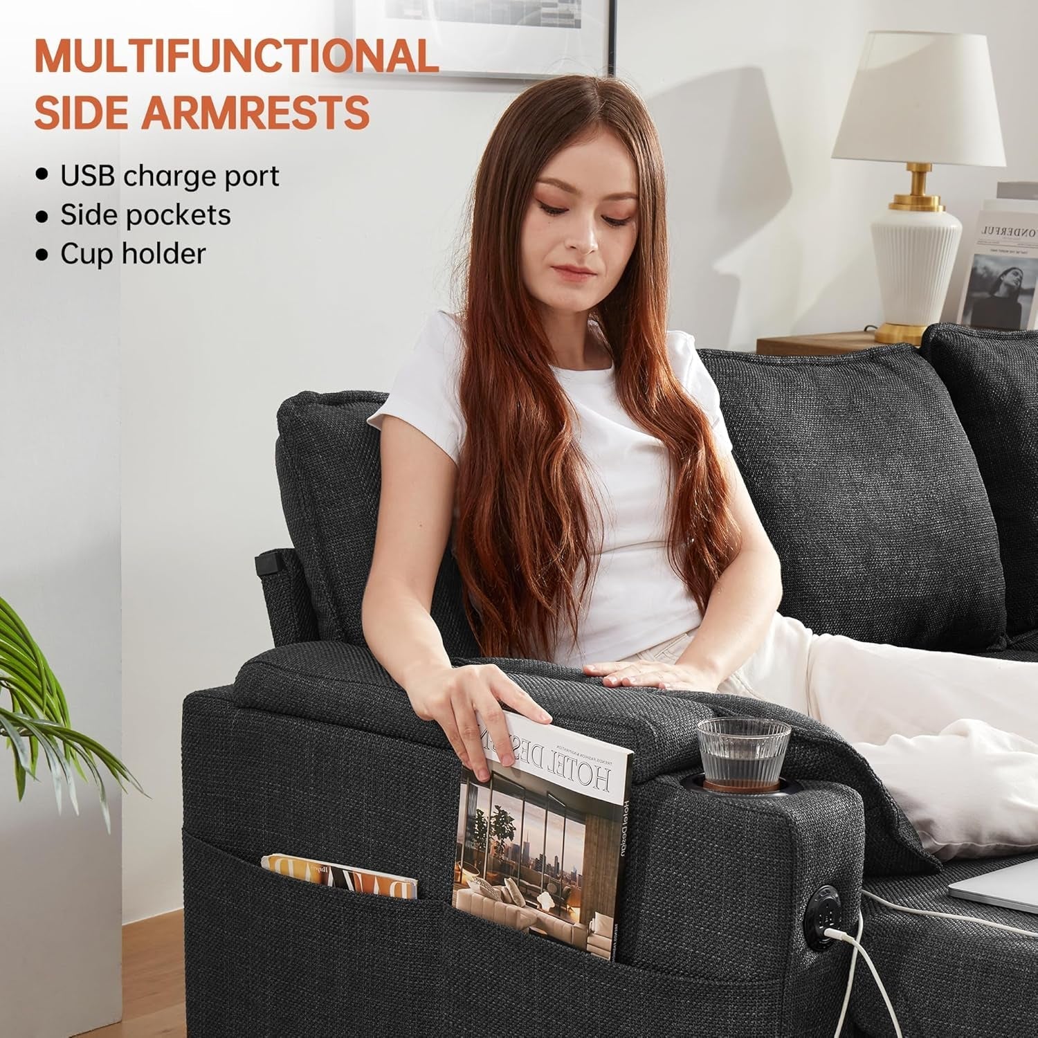 Convertible L-Shaped Sofa Bed with Storage and USB-3