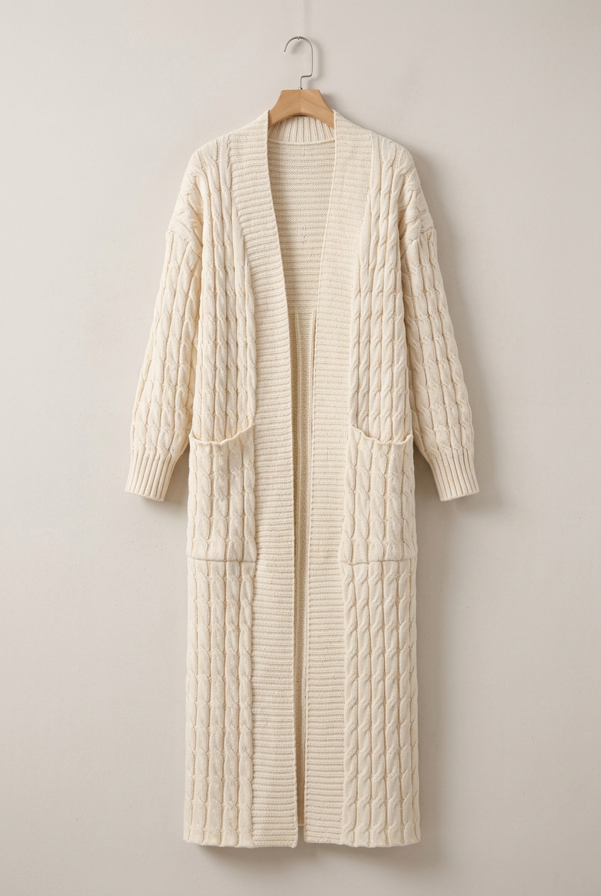 Elacyline Cable-Knit Longline Open-Front Cardigan