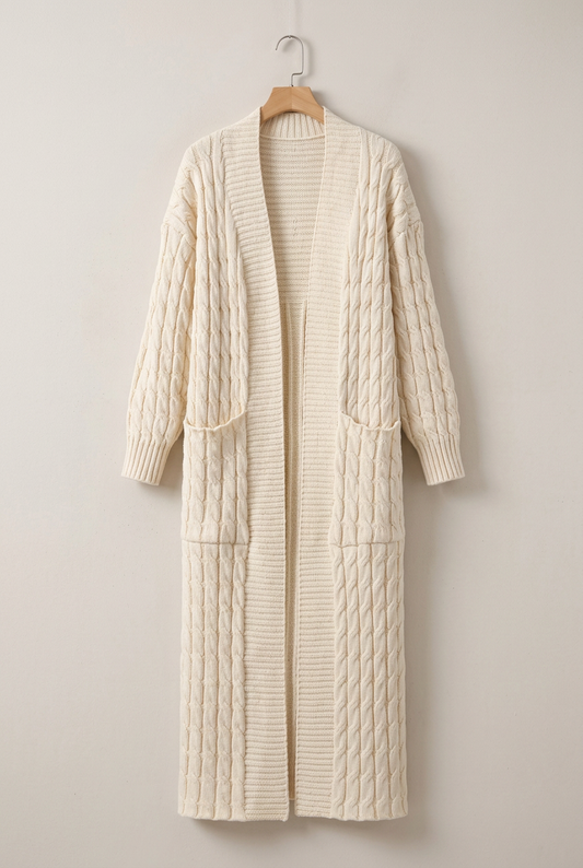 Elacyline Cable-Knit Longline Open-Front Cardigan