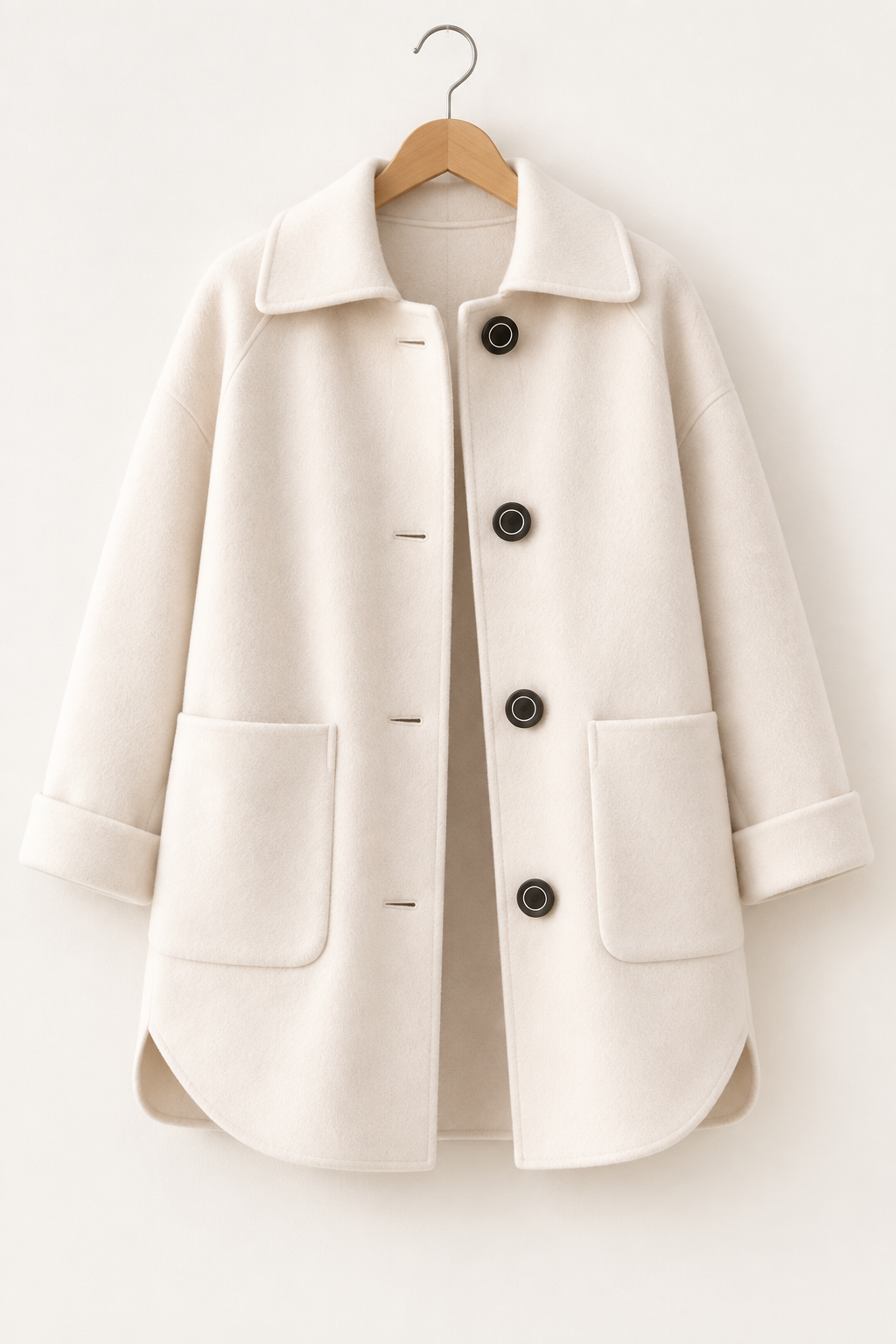 Cream coat with patch pockets on a hanger