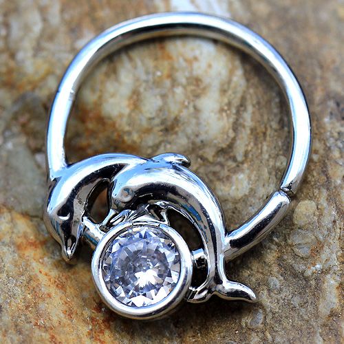316L Stainless Steel Dolphins and Moon Seamless Ring / Cartilage Earring-0