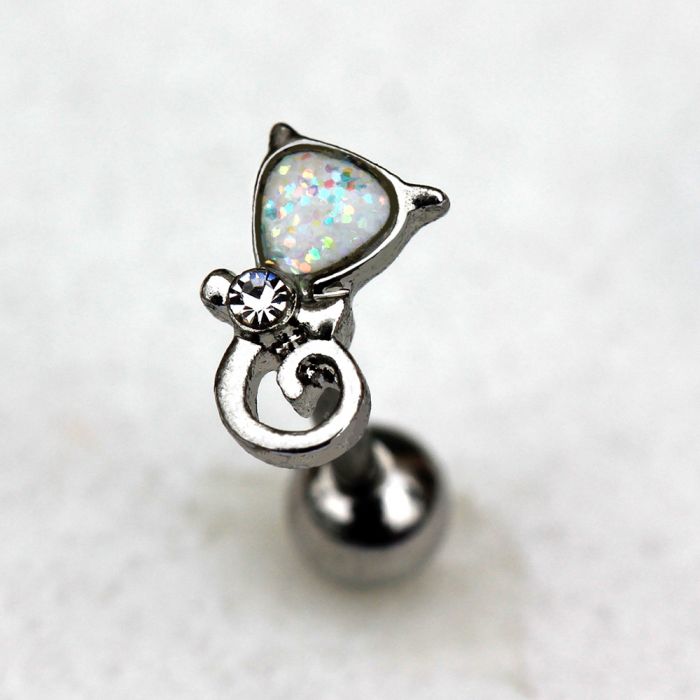 316L Stainless Steel White Synthetic Opal Cat Cartilage Earring-0