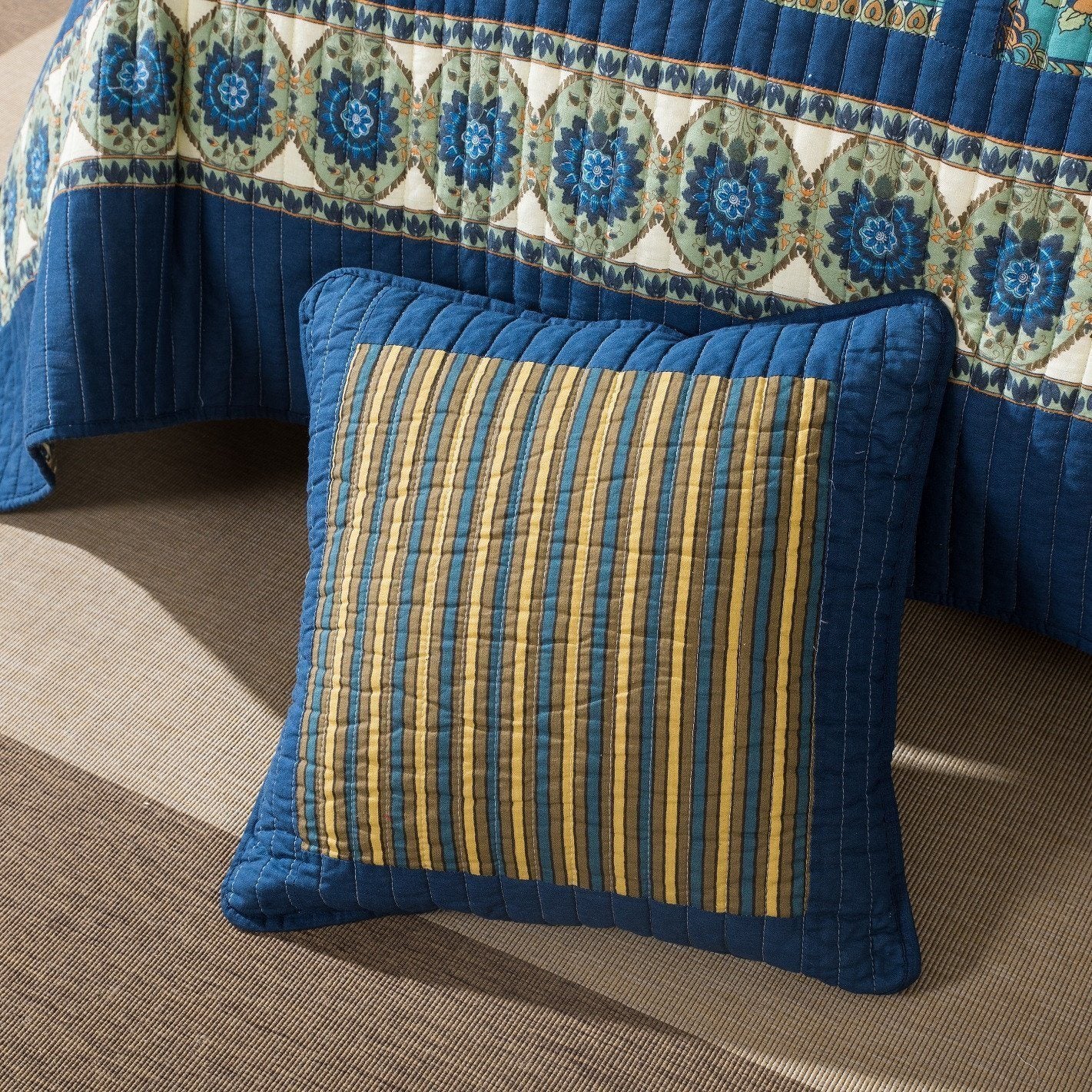 Tache 2 PC Elegant Striped Forest Patchwork Quilted Floral 18x18 Cushion Covers (TAJHW-679-CC)-1