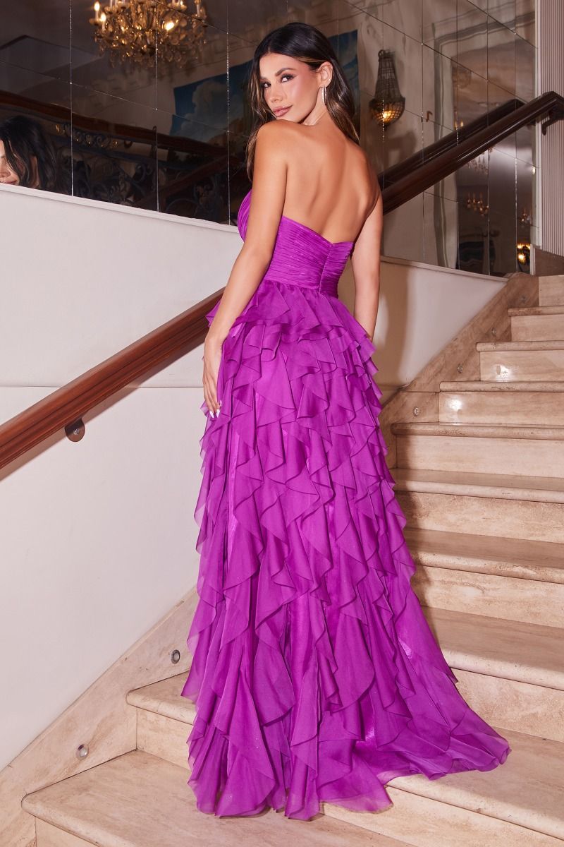 Purple, Black, Green, Red Strapless Layered Ruffle Tulle Gown  CDCZ0027