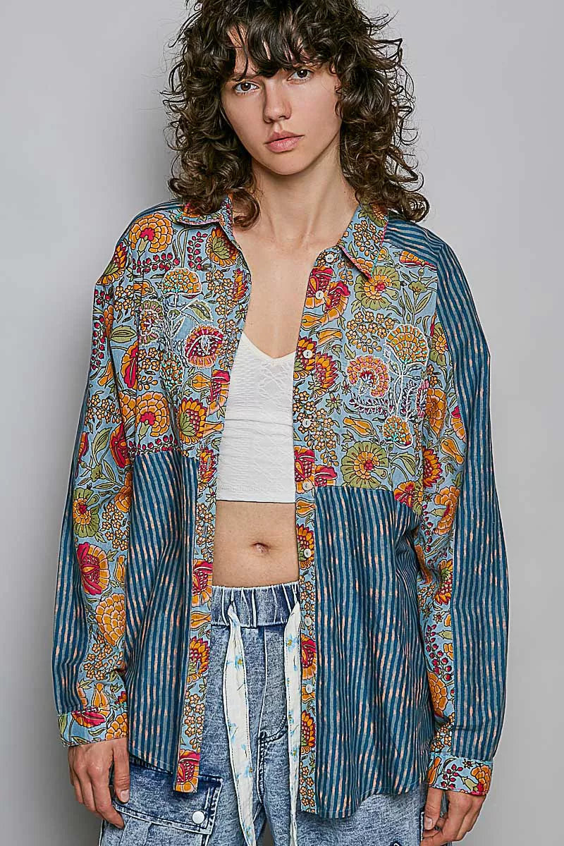 Patchwork Mixed Textured Paisley Floral Stripe Long Sleeve Shirt-0