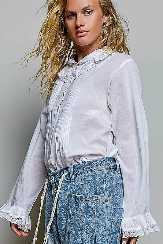 POL Woven Lace Trim Pintuck Button-Down Shirt-1