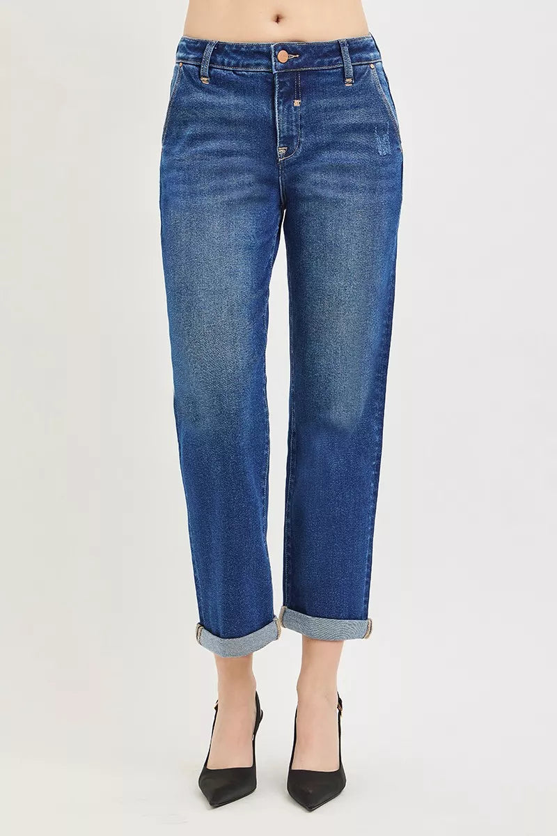 RISEN Slouchy Cropped Boyfriend Jeans with Cuffed Hem-0