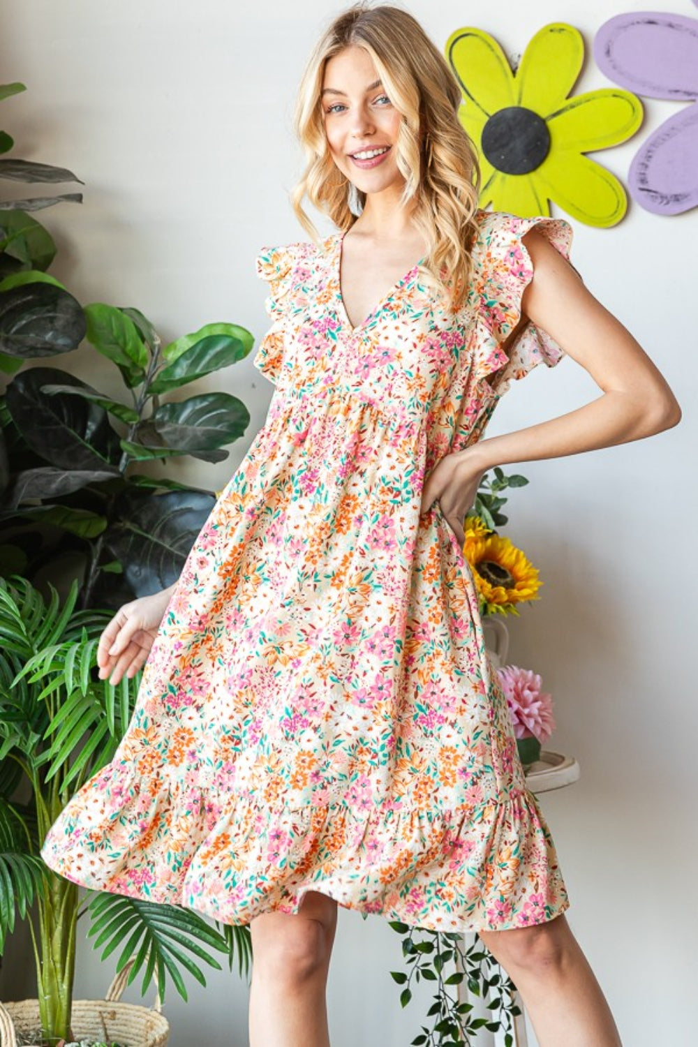 Sand Floral Ruffled V-Neck Dress | Extended Sizes