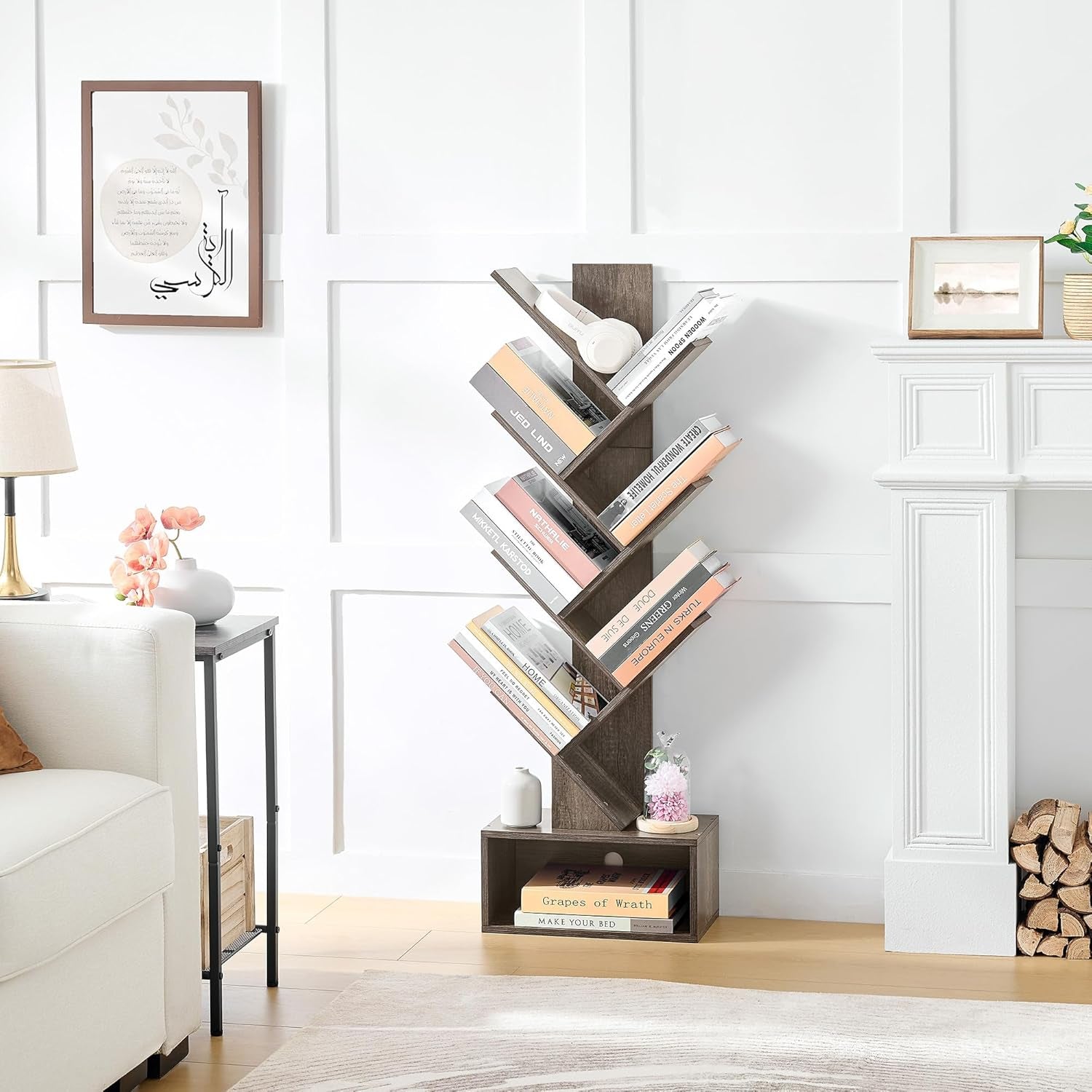 6 Tier Tree Bookshelf Bookcase With Drawer Grey Office-4
