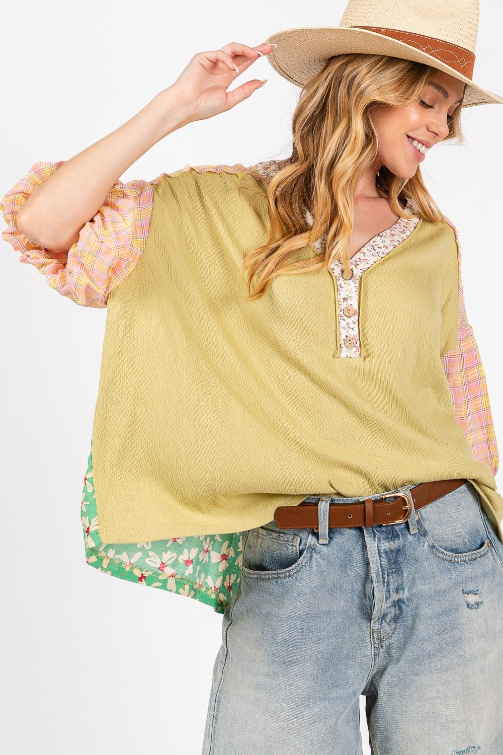 Sage Color Block Bubble Sleeve Top | Extended Sizes