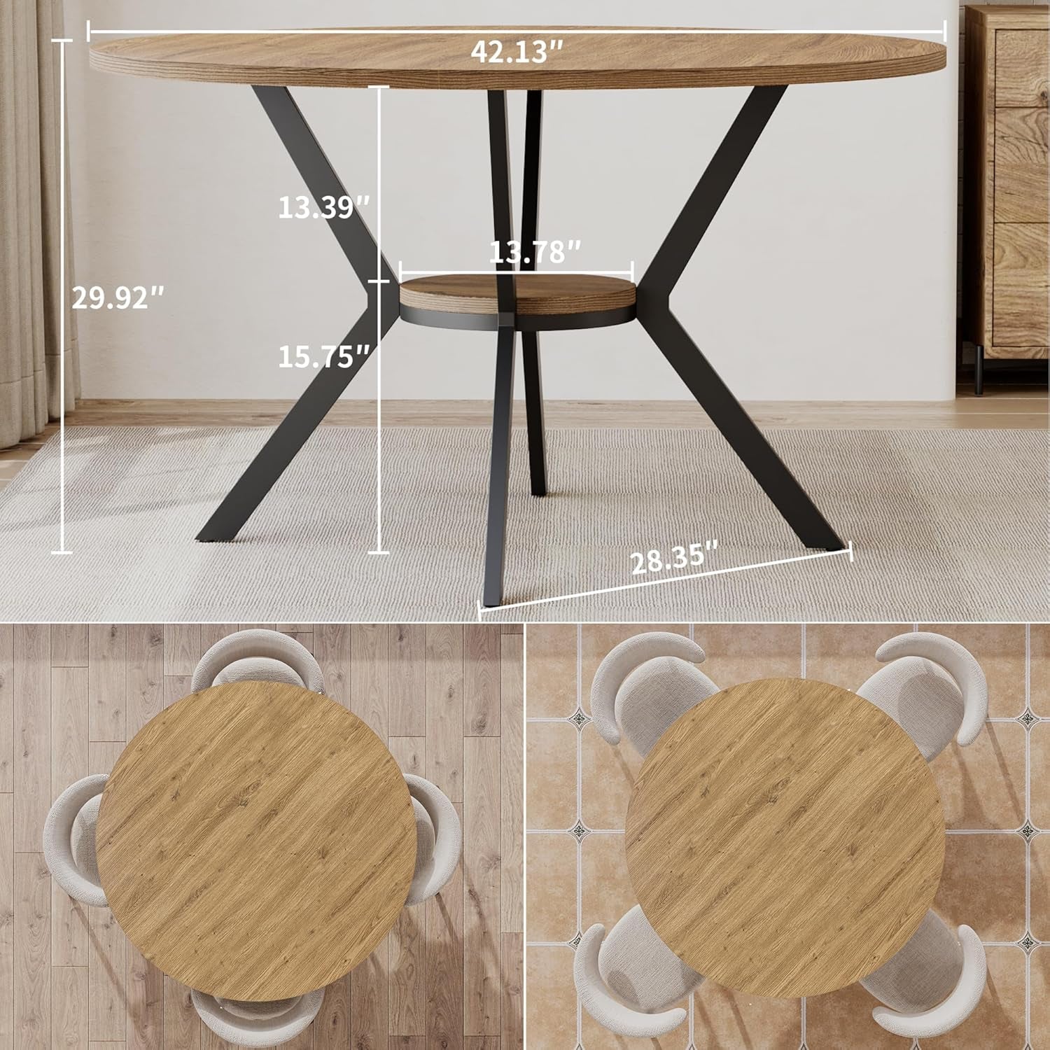 42 Inch Round Farmhouse Dining Table With Compact Storage-1