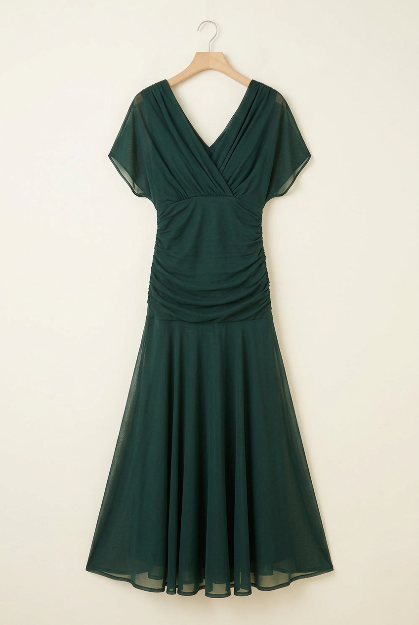 Holiday Soirée Ruched Mesh Maxi Dress