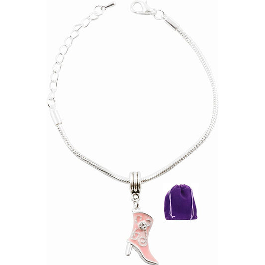 Pink Female Cowboy Cowgirl Boot Snake Chain Charm Bracelet-0