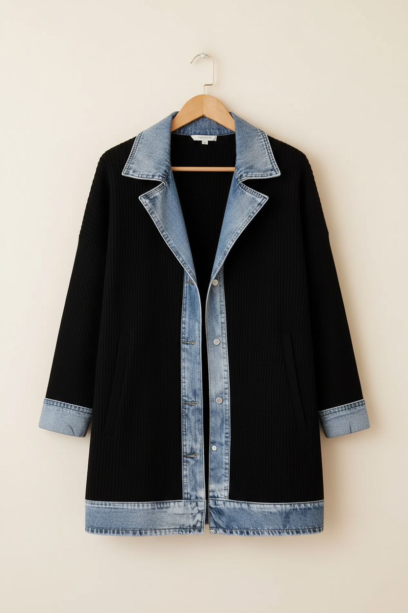Denim-trim ribbed knit jacket without pockets