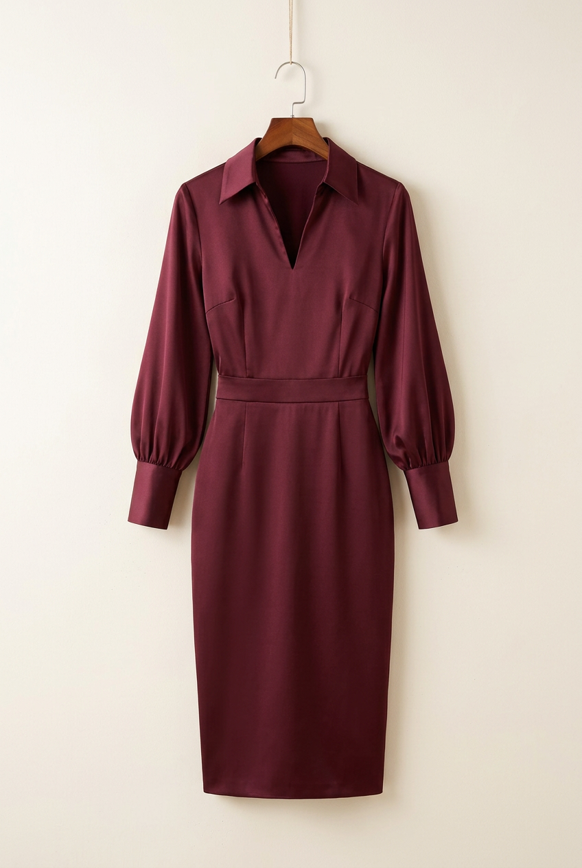 Collared Satin Lantern Sleeve Midi Dress