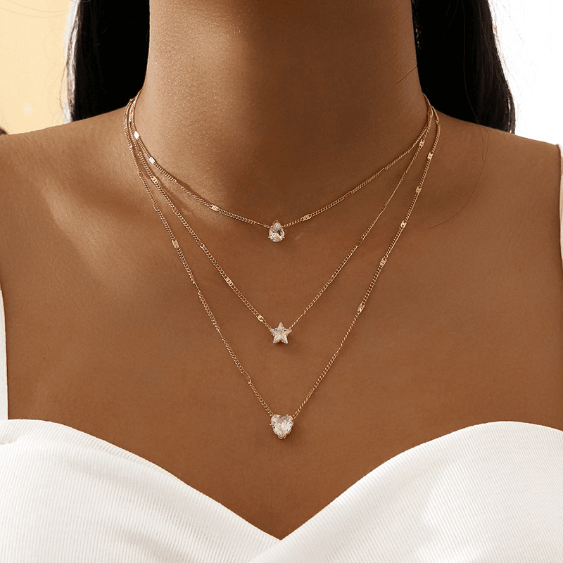 Zircon Necklace Multi-layer Five-pointed Star Love Water Drop Pendant-0