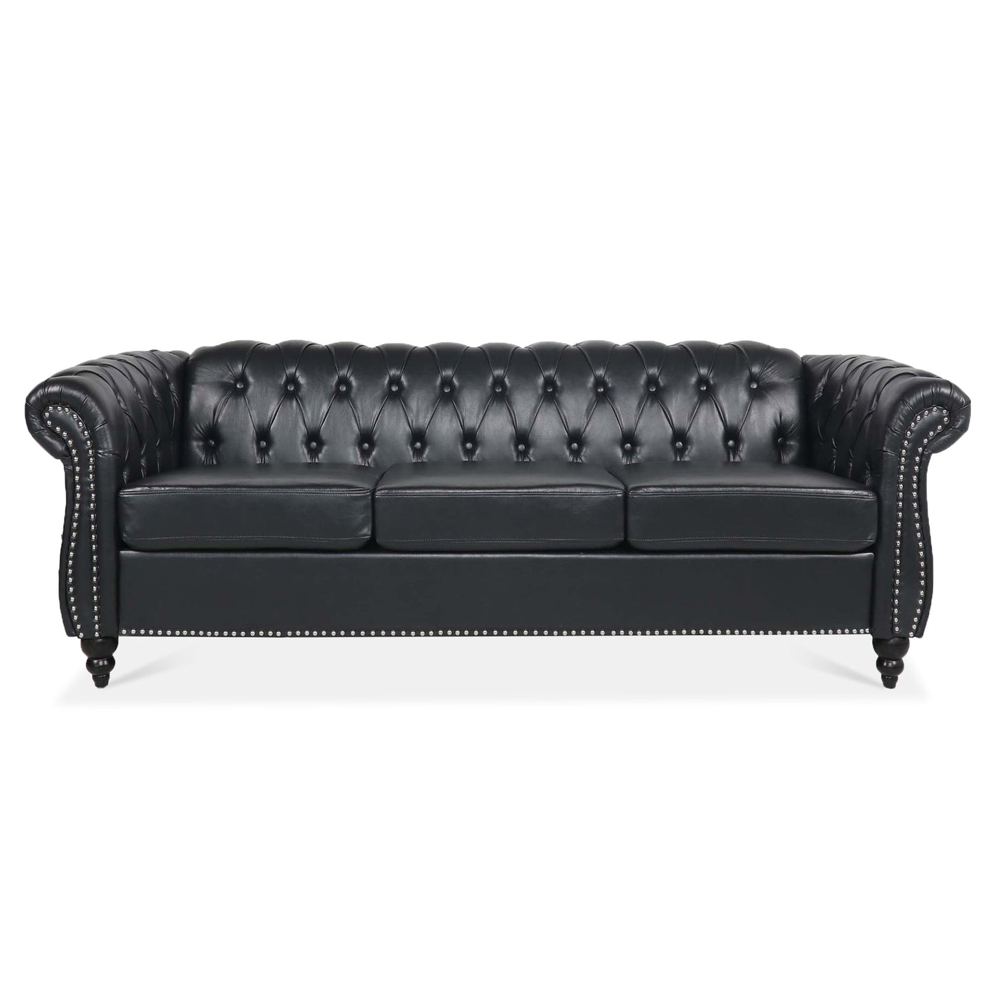 Black PU Rolled Arm Chesterfield Three Seater Sofa