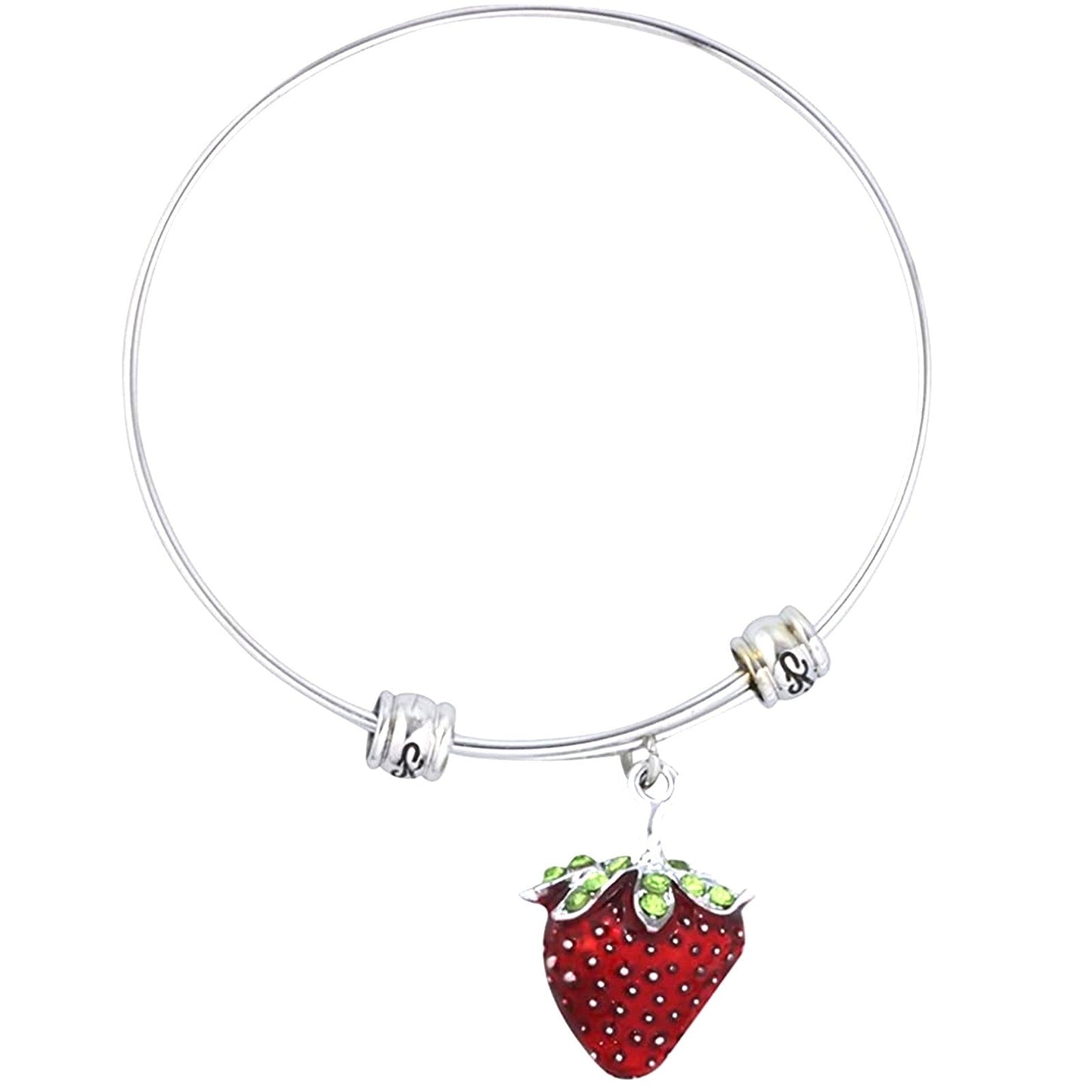 Red Strawberry with Green Leaf and Stem Fancy Charm Bangle-0