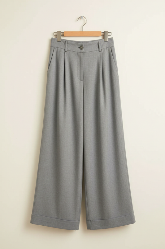 Exact gray wide-leg trousers from the uploaded photo on a wooden hanger