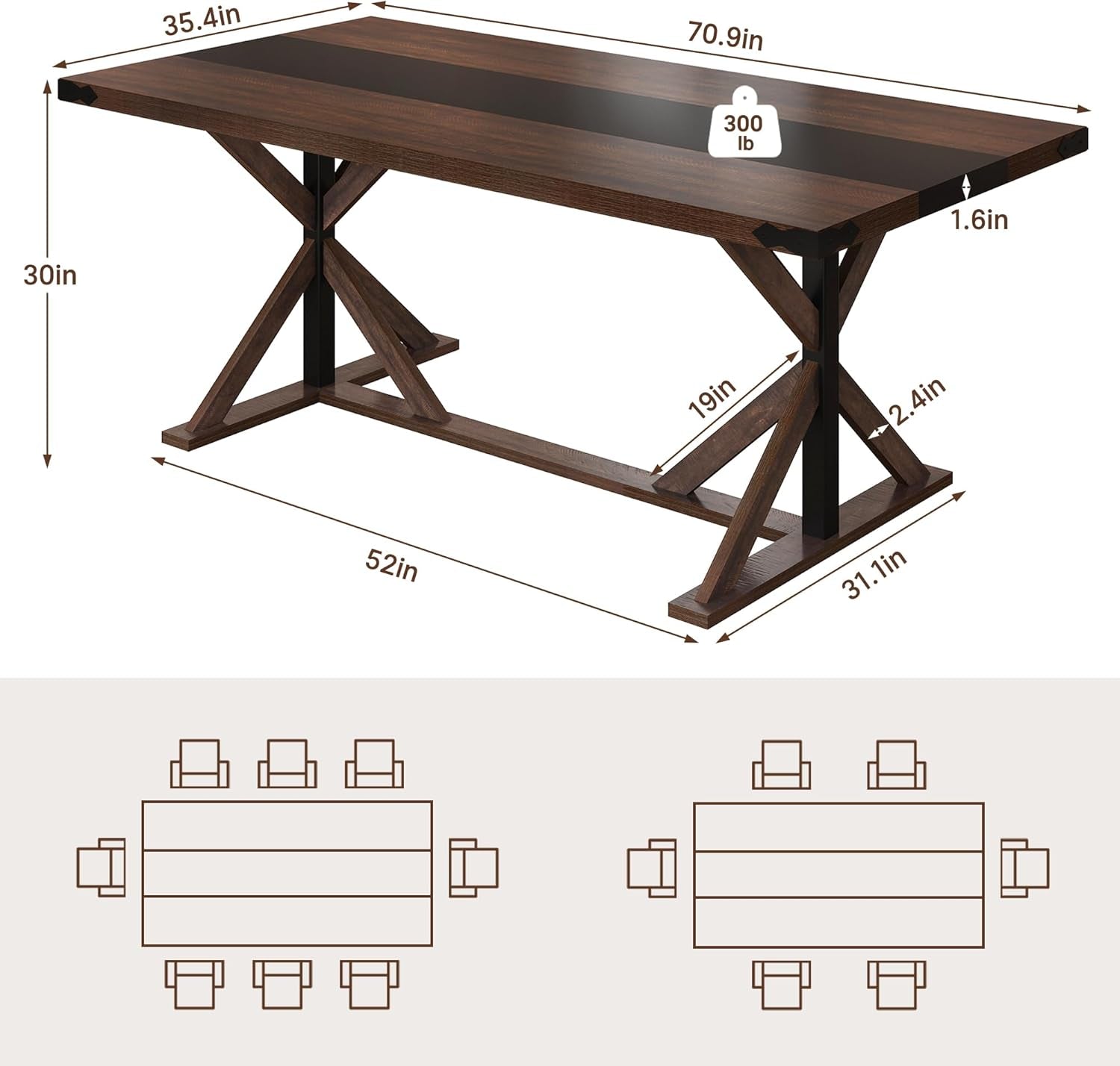 71 Inch Farmhouse Dining Table Waterproof Wood Grain Top-1
