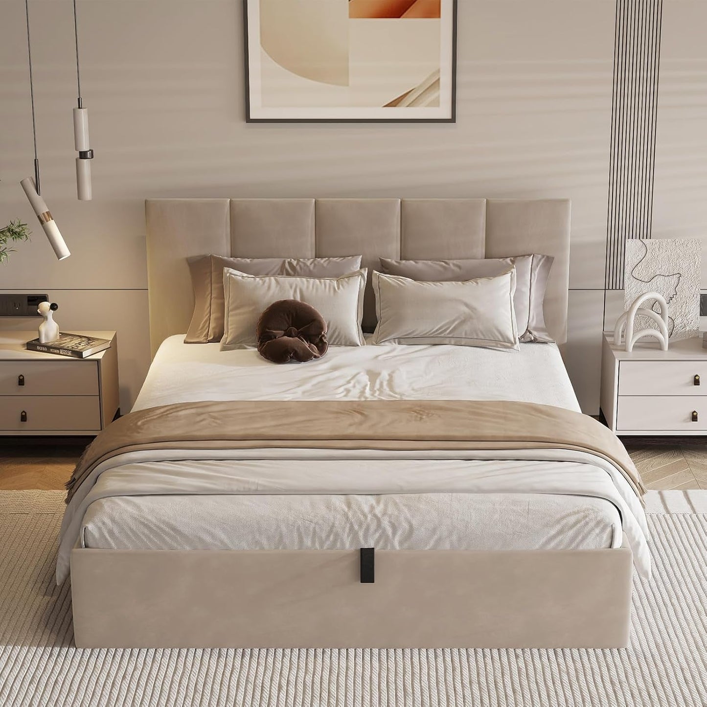 Queen Size Hydraulic Lift Storage Bed Beige Linen Upholstered-1