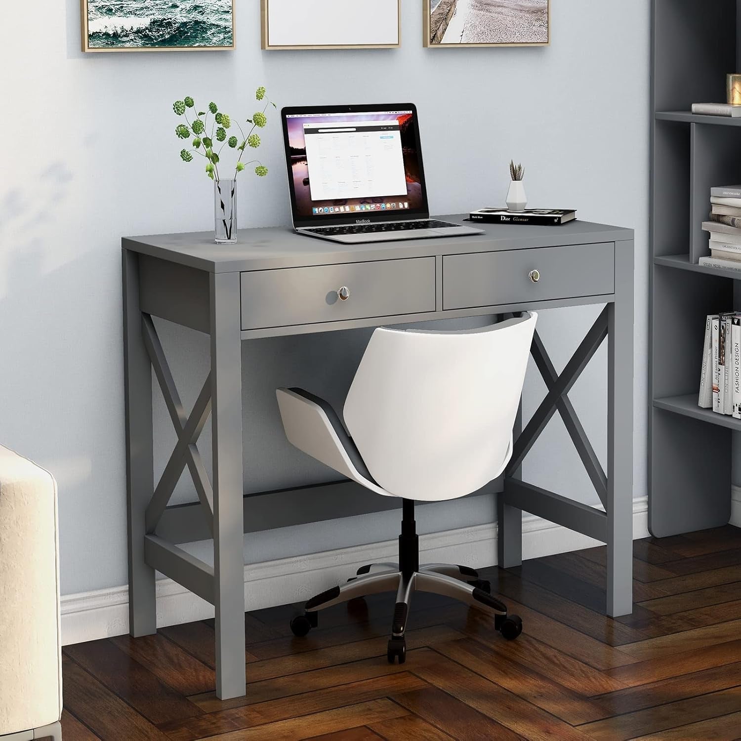 Home Office Desk Grey With Two Drawers Computer Table-1
