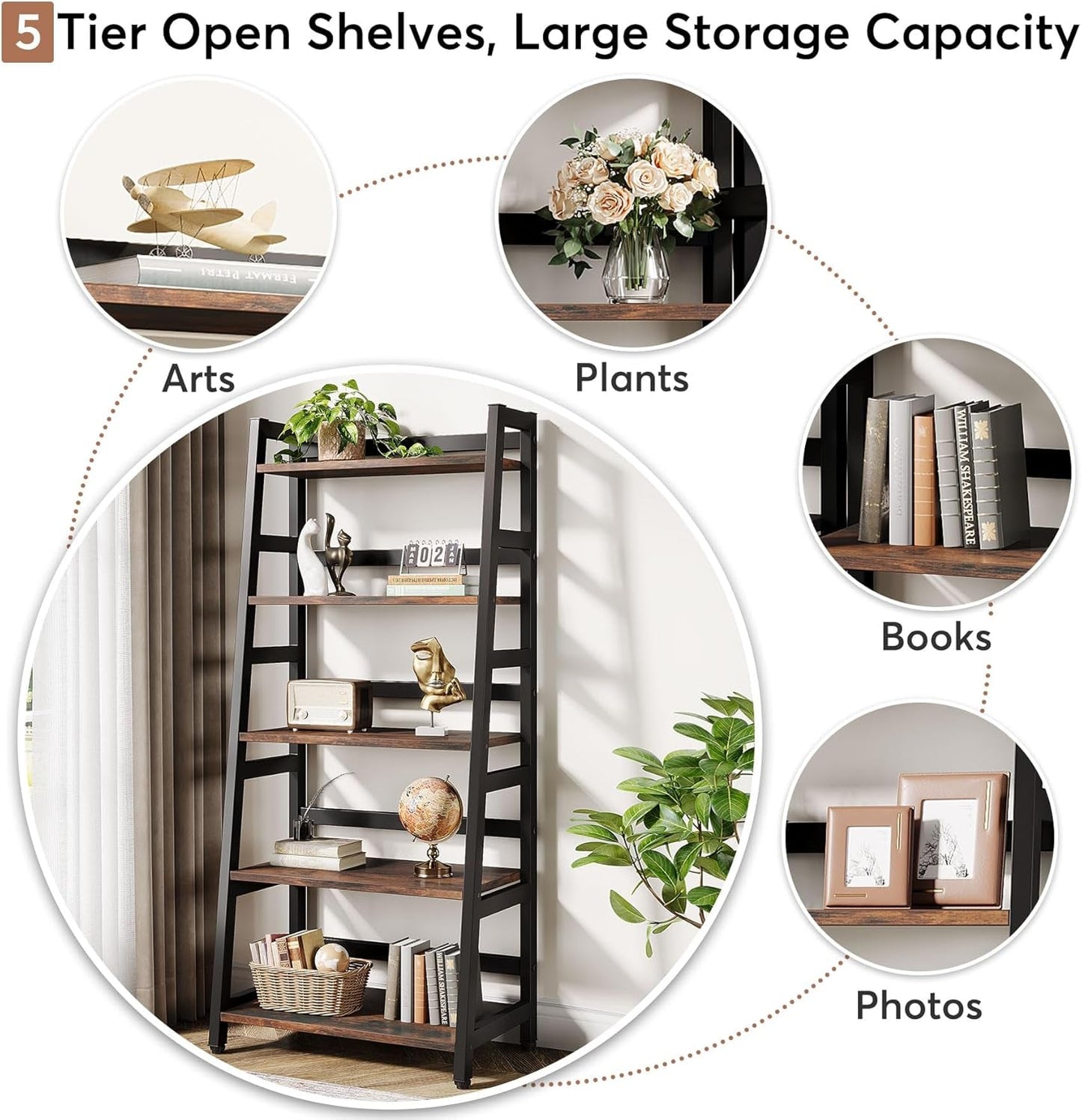 Five Tier Industrial Bookshelf Rustic Brown Timber-4
