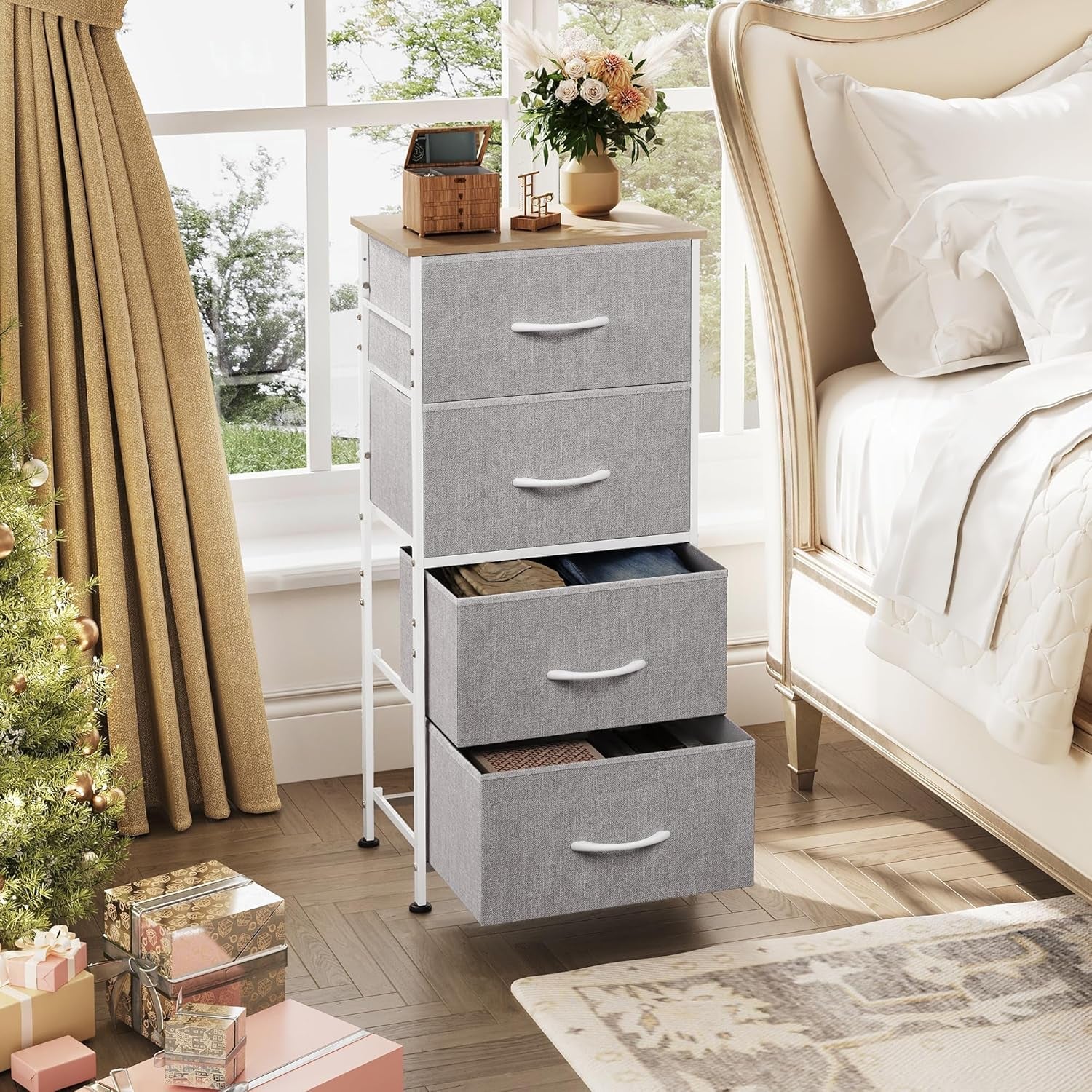 Light Grey Fabric 4 Drawer Dresser With Wood Top Storage-3