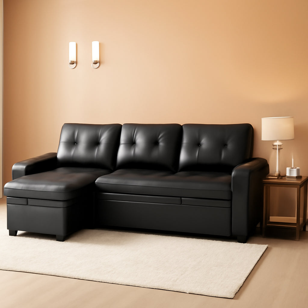 Sleeper Sectional Sofa Black Leather With Convertible Bed-0