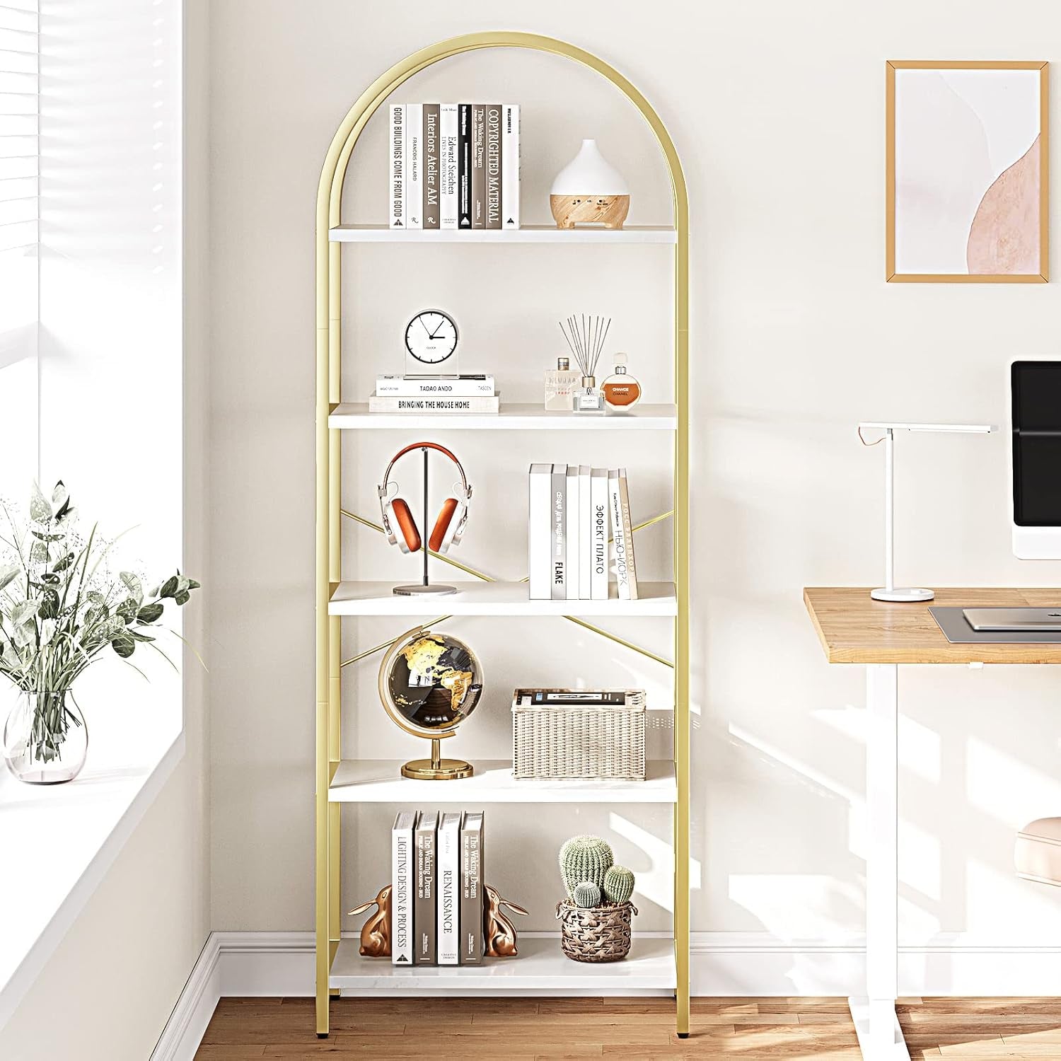 5 Tier Bookshelf Arched Display White Gold Metal Frame Bookcase-2